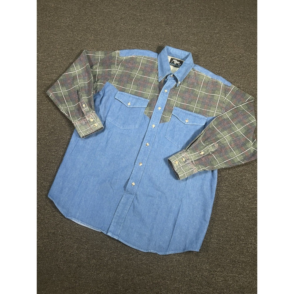 VTG Roper Rodeo Blue Western Shirt Men Large Denim Flannel Plaid Cowboy USA